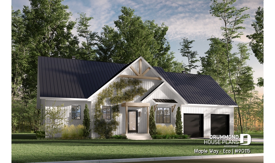 front - BASE MODEL - Eco-friendly Farmhouse plan, 2 to 5 beds, home office, 2-car garage, optional finished basement ($) - Maple Way - Eco