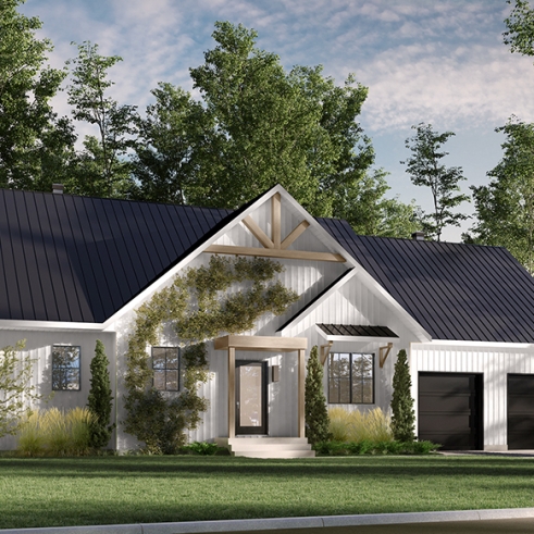 front - BASE MODEL - Eco-friendly Farmhouse plan, 2 to 5 beds, home office, 2-car garage, optional finished basement ($) - Maple Way - Eco