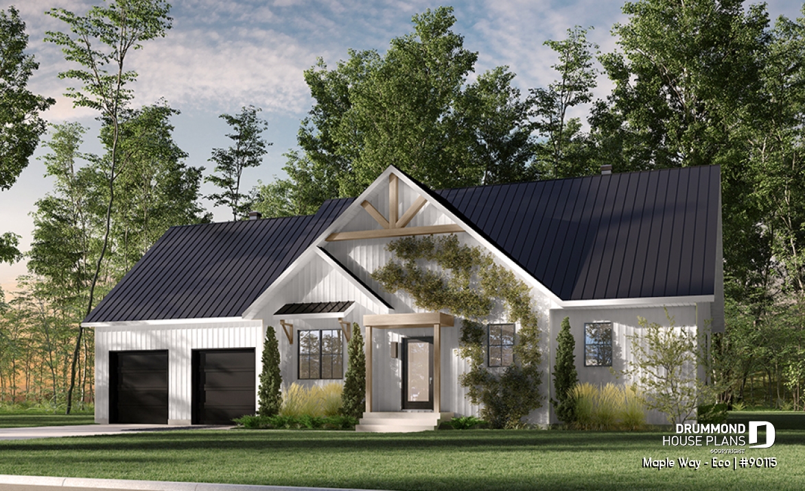 front - BASE MODEL - Eco-friendly Farmhouse plan, 2 to 5 beds, home office, 2-car garage, optional finished basement ($) - Maple Way - Eco