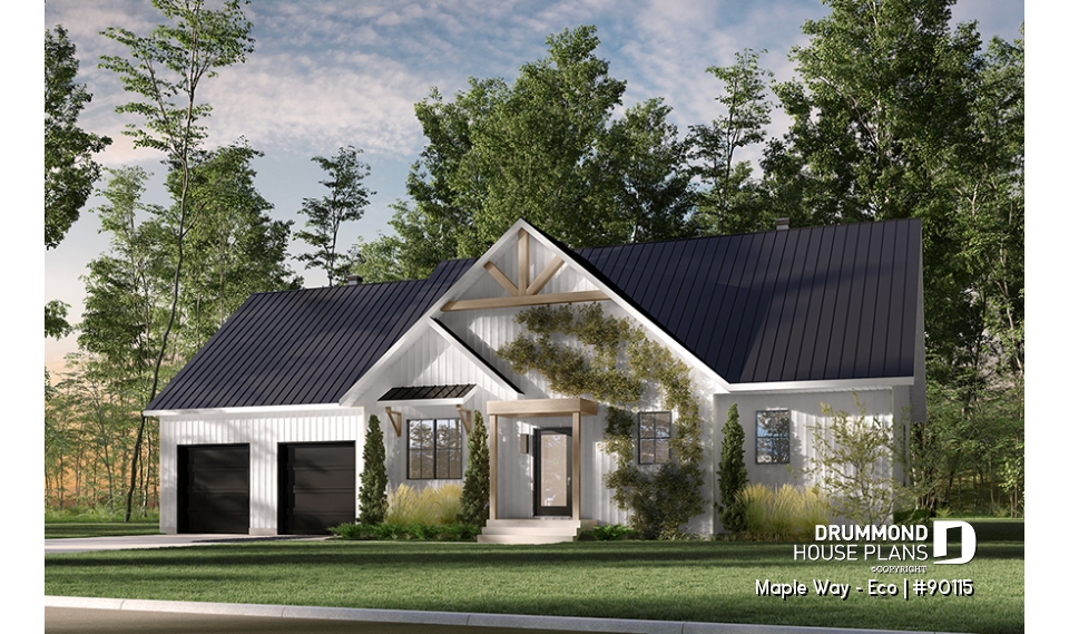 front - BASE MODEL - Eco-friendly Farmhouse plan, 2 to 5 beds, home office, 2-car garage, optional finished basement ($) - Maple Way - Eco