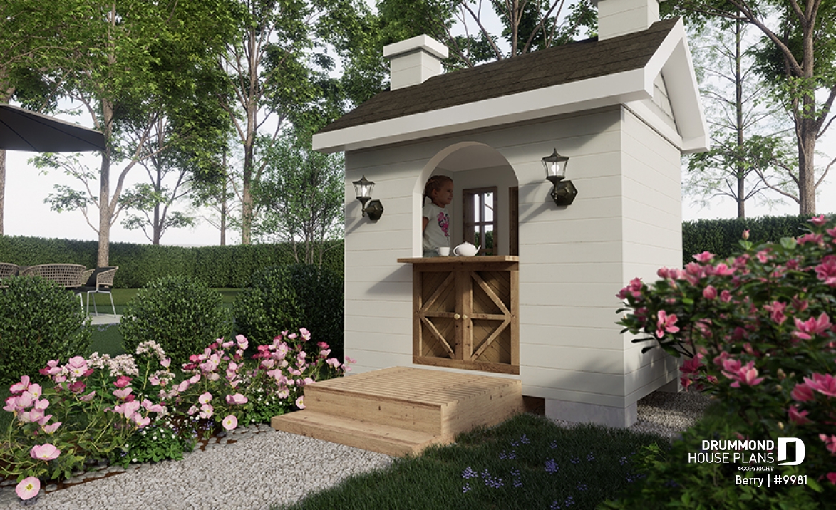 Rear view - BASE MODEL - Free children's playhouse plan to build yourself - Farmhouse tiny home - Berry
