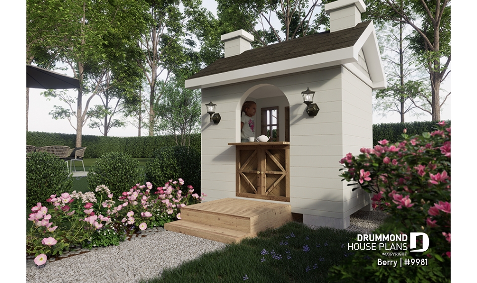Rear view - BASE MODEL - Free children's playhouse plan to build yourself - Farmhouse tiny home - Berry