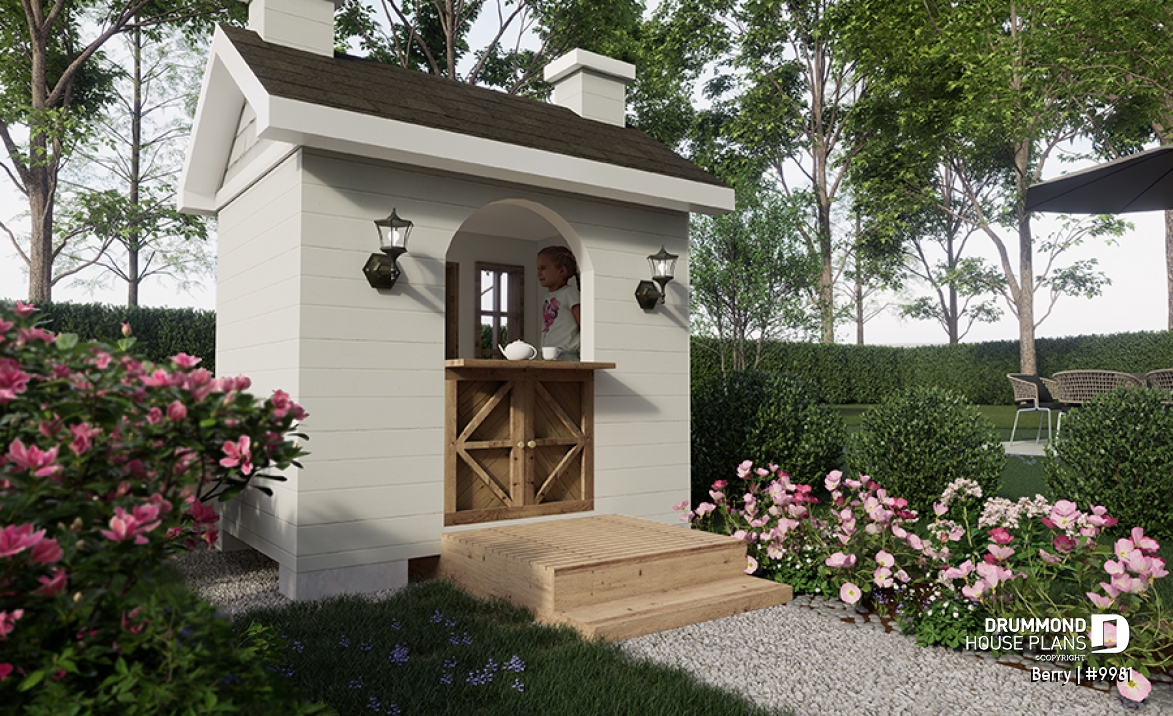 Rear view - BASE MODEL - Free children's playhouse plan to build yourself - Farmhouse tiny home - Berry