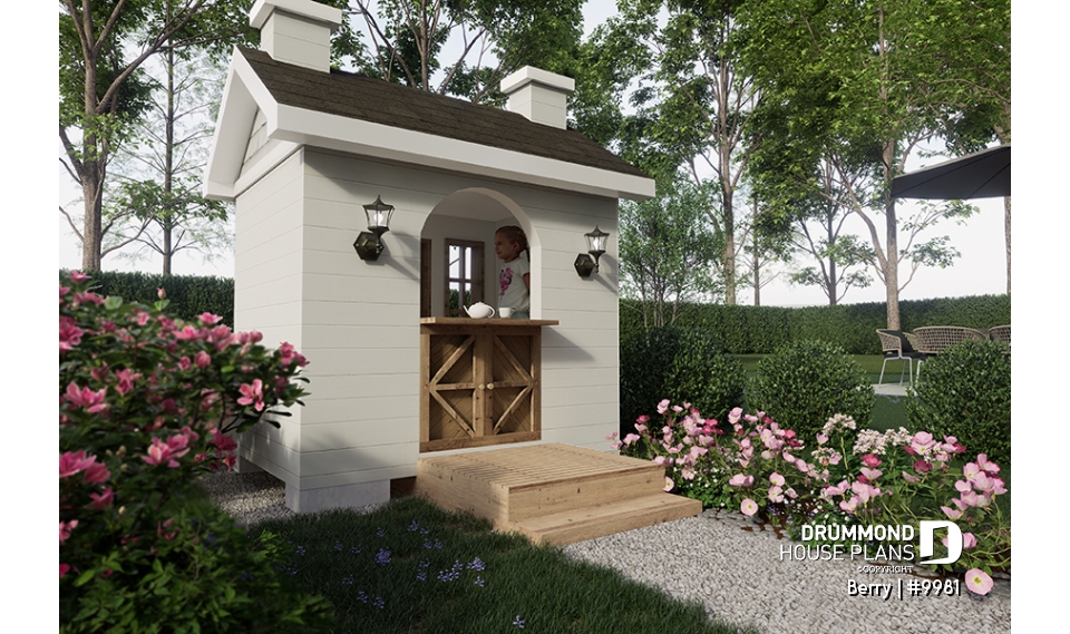 Rear view - BASE MODEL - Free children's playhouse plan to build yourself - Farmhouse tiny home - Berry