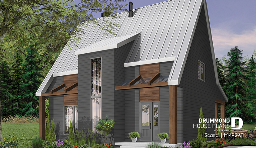 Color version 5 - Front - Modern style cottage house plan, 3 bedrooms including one ensuite, 2.5 bathrooms. open concept main floor plan - Scandi