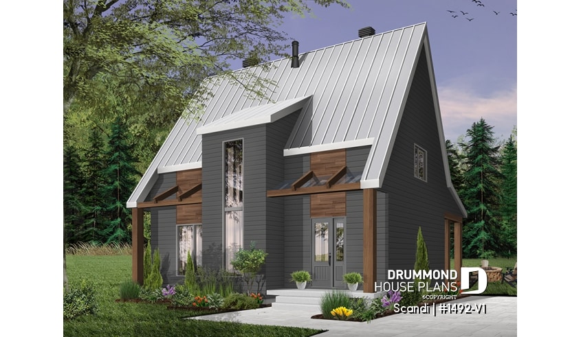 Color version 5 - Front - Modern style cottage house plan, 3 bedrooms including one ensuite, 2.5 bathrooms. open concept main floor plan - Scandi