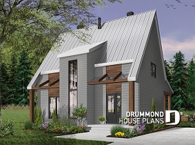 front - BASE MODEL - Modern style cottage house plan, 3 bedrooms including one ensuite, 2.5 bathrooms. open concept main floor plan - Scandi