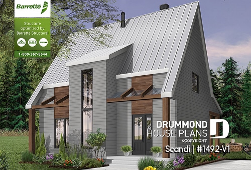 front - BASE MODEL - Modern style cottage house plan, 3 bedrooms including one ensuite, 2.5 bathrooms. open concept main floor plan - Scandi