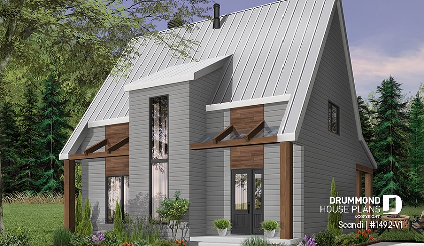 front - BASE MODEL - Modern style cottage house plan, 3 bedrooms including one ensuite, 2.5 bathrooms. open concept main floor plan - Scandi