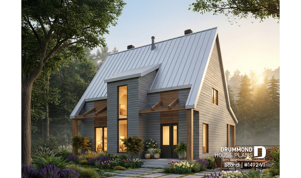 front - BASE MODEL - Modern style cottage house plan, 3 bedrooms including one ensuite, 2.5 bathrooms. open concept main floor plan - Scandi