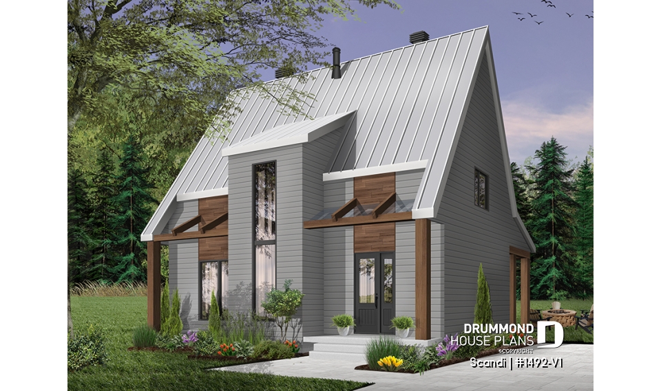 front - BASE MODEL - Modern style cottage house plan, 3 bedrooms including one ensuite, 2.5 bathrooms. open concept main floor plan - Scandi