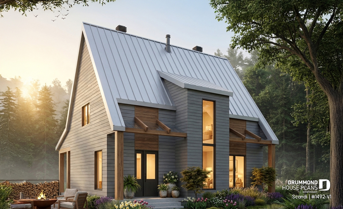 front - BASE MODEL - Modern Scandinavian Cottage or Home Plan with Open Living Spaces and Natural Light - Scandi