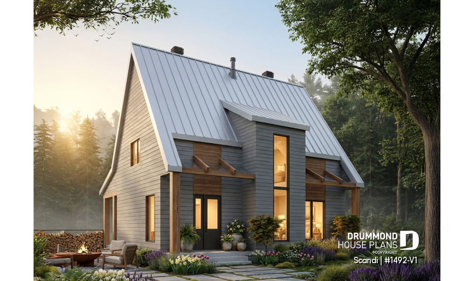 front - BASE MODEL - Modern style cottage house plan, 3 bedrooms including one ensuite, 2.5 bathrooms. open concept main floor plan - Scandi