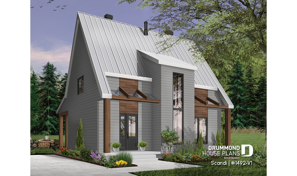 front - BASE MODEL - Modern style cottage house plan, 3 bedrooms including one ensuite, 2.5 bathrooms. open concept main floor plan - Scandi