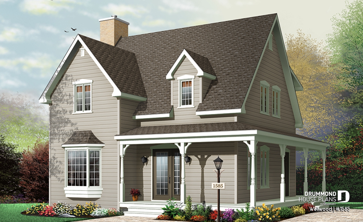 Color version 2 - Front - Country home with 3 bedrooms, formal dining, affordable house plan with great wraparound covered porch - Wellwood