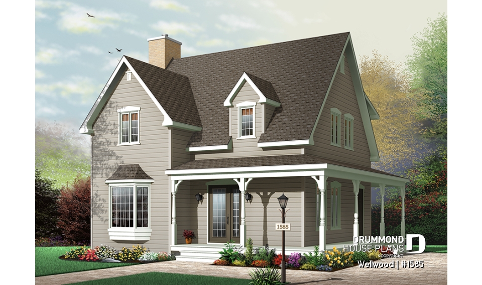 Color version 2 - Front - Country home with 3 bedrooms, formal dining, affordable house plan with great wraparound covered porch - Wellwood