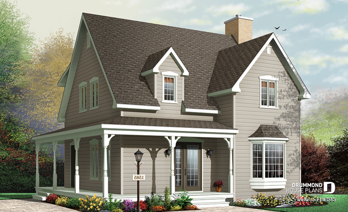 Color version 2 - Front - Country home with 3 bedrooms, formal dining, affordable house plan with great wraparound covered porch - Wellwood