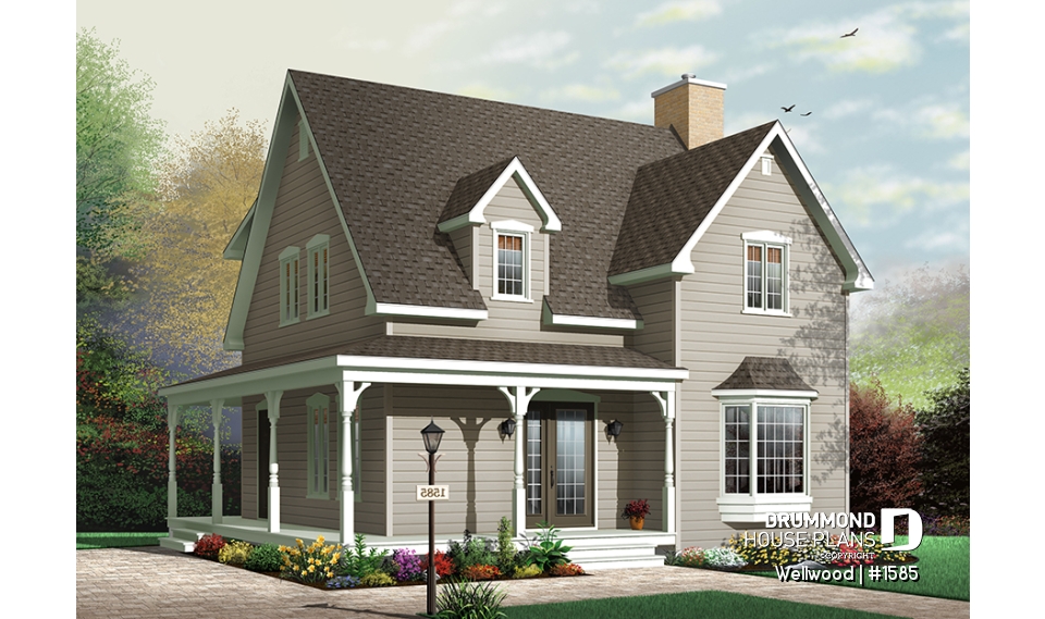 Color version 2 - Front - Country home with 3 bedrooms, formal dining, affordable house plan with great wraparound covered porch - Wellwood