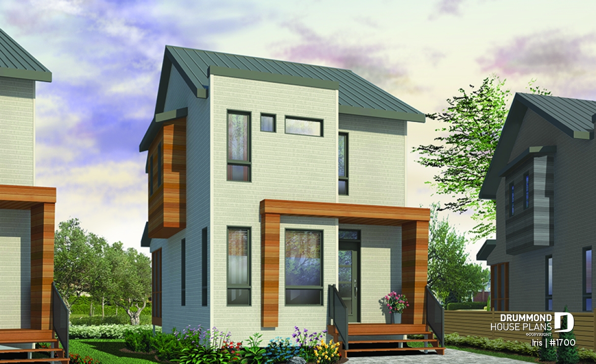 front - BASE MODEL - Comfortable &amp; small 976 sq.ft. tiny house plan, 3 bedrooms, open floor plan, screened porch on rear balcony - Iris