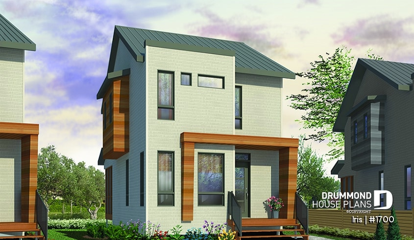 front - BASE MODEL - Comfortable & small 976 sq.ft. tiny house plan, 3 bedrooms, open floor plan, screened porch on rear balcony - Iris