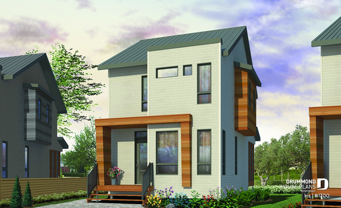 front - BASE MODEL - Comfortable &amp; small 976 sq.ft. tiny house plan, 3 bedrooms, open floor plan, screened porch on rear balcony - Iris