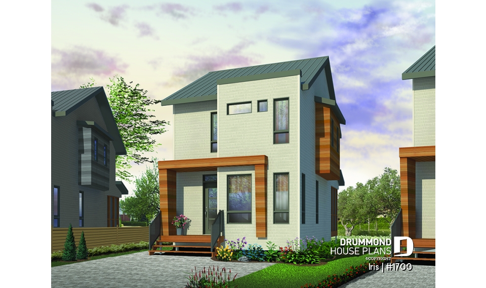 front - BASE MODEL - Comfortable &amp; small 976 sq.ft. tiny house plan, 3 bedrooms, open floor plan, screened porch on rear balcony - Iris