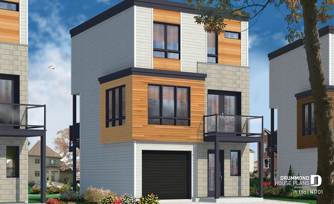 front - BASE MODEL - Contemporary 3 floor house design for narrow lot, affordable urban design, open concept, large covered deck - Elia