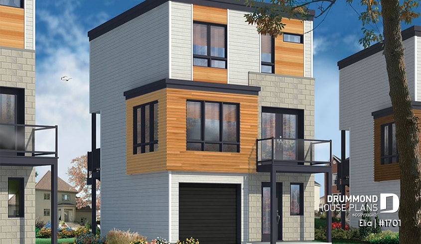 front - BASE MODEL - Contemporary 3 floor house design for narrow lot, affordable urban design, open concept, large covered deck - Elia