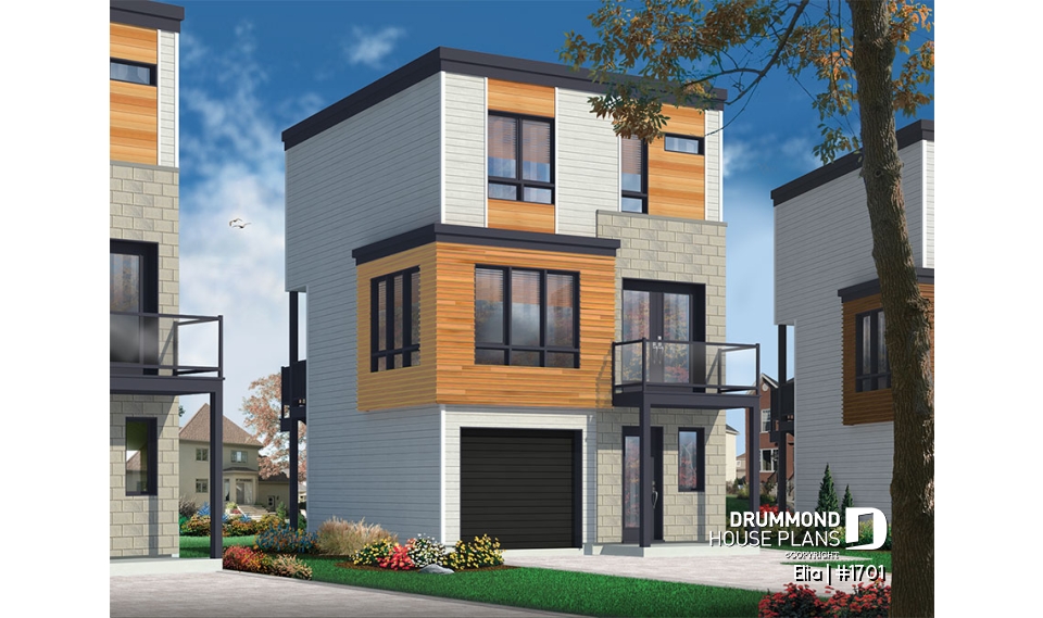 front - BASE MODEL - Contemporary 3 floor house design for narrow lot, affordable urban design, open concept, large covered deck - Elia