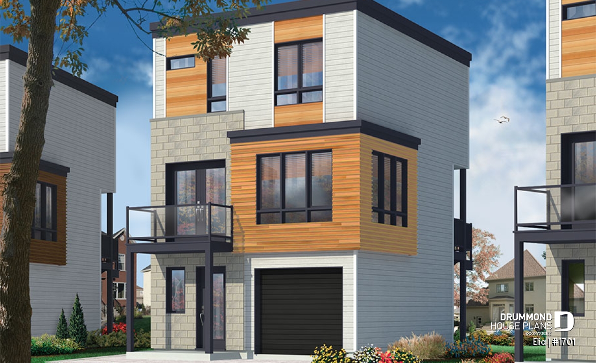 front - BASE MODEL - Contemporary 3 floor house design for narrow lot, affordable urban design, open concept, large covered deck - Elia