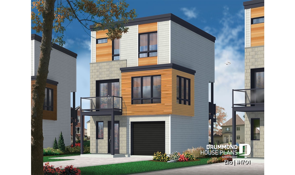 front - BASE MODEL - Contemporary 3 floor house design for narrow lot, affordable urban design, open concept, large covered deck - Elia