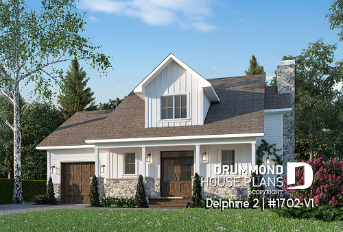 front - BASE MODEL - Compact Country house plan with garage, 3 bedrooms, 2.5 bathrooms, master bedroom with private ensuite - Delphine 2