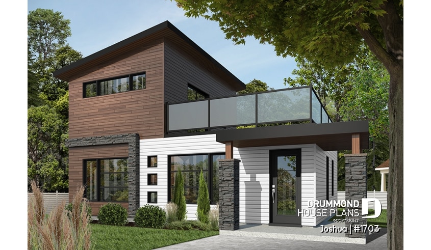 front - BASE MODEL - 2-story 2 bedroom small and tiny Modern house with deck on 2nd floor, affordable building costs - Joshua