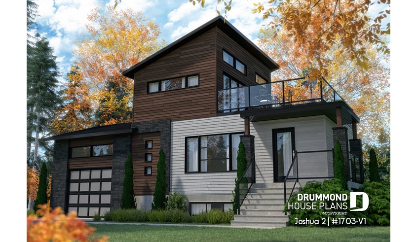 front - BASE MODEL - Modern unique 2 storey house plan, master suite on second floor with private large terrace, garage, and more! - Joshua 2