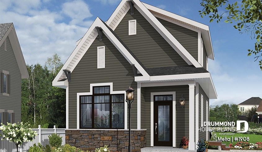 front - ORIGINAL MODEL - Country small and affordable starter home plan, 2 to 3 bedrooms, 9 foot ceiling, lots of natural lights  - Melia