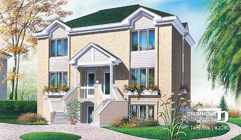 front - BASE MODEL - 2 bedroom triplex house plan, 2 bathrooms, laundry room, large kitchen with island and pantry - Teasdale