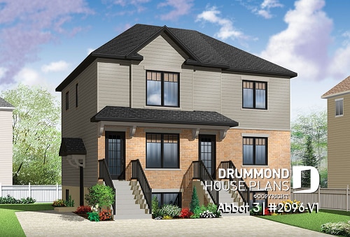 front - BASE MODEL - Economical 2 bedroom Modern style triplex house plan with great open floor plan layout  - Abbot 3