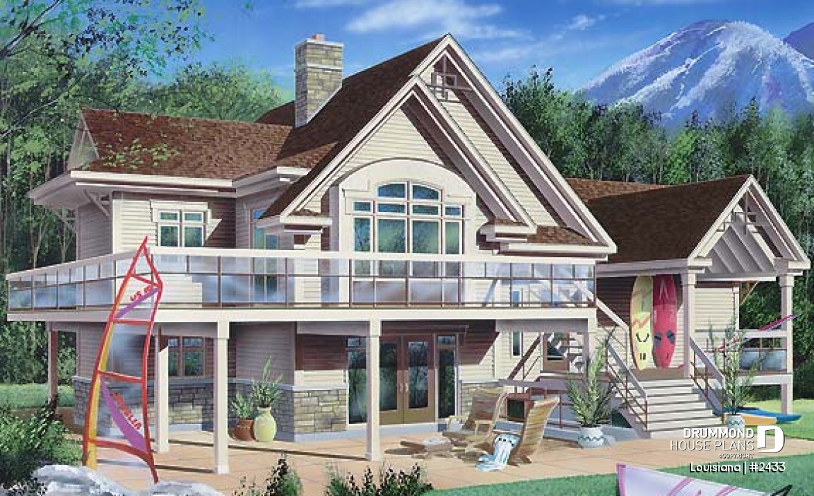 Rear view - BASE MODEL - Cottage house plan, 3 bedrooms with ensuite, open floor layout with double-sided fireplace, large deck - Louisiana