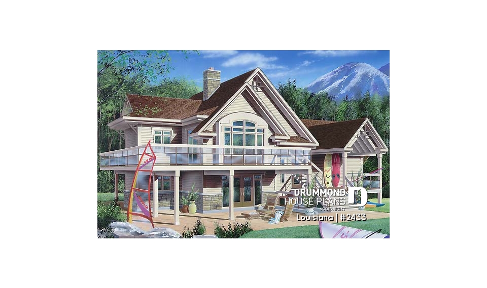 Rear view - BASE MODEL - Cottage house plan, 3 bedrooms with ensuite, open floor layout with double-sided fireplace, large deck - Louisiana