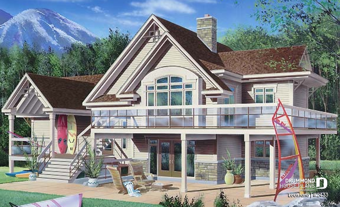 Rear view - BASE MODEL - Cottage house plan, 3 bedrooms with ensuite, open floor layout with double-sided fireplace, large deck - Louisiana