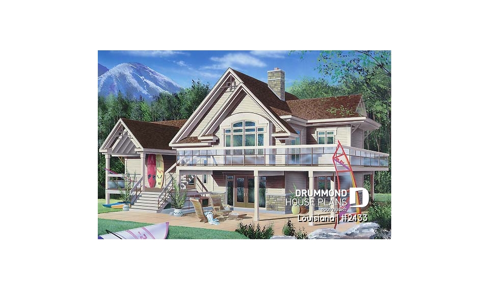 Rear view - BASE MODEL - Cottage house plan, 3 bedrooms with ensuite, open floor layout with double-sided fireplace, large deck - Louisiana