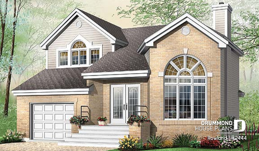 front - BASE MODEL - House plan with sunken living room, fireplace, 3 bedrooms, large kitchen, garage and more! - Rowland