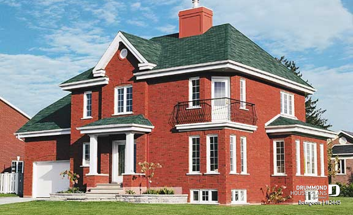 front - BASE MODEL - 3 bedrooms european house plan with garage, and second floor balcony - Bourgeois