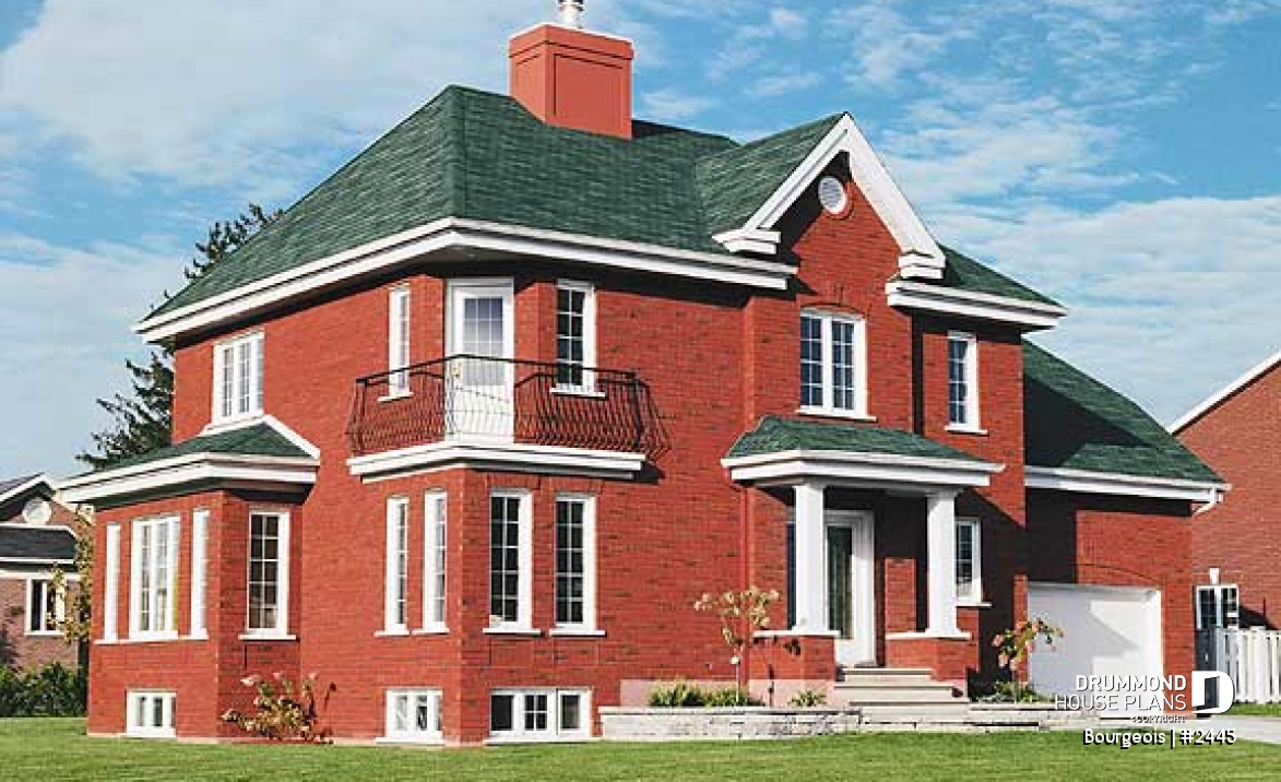 front - BASE MODEL - 3 bedrooms european house plan with garage, and second floor balcony - Bourgeois