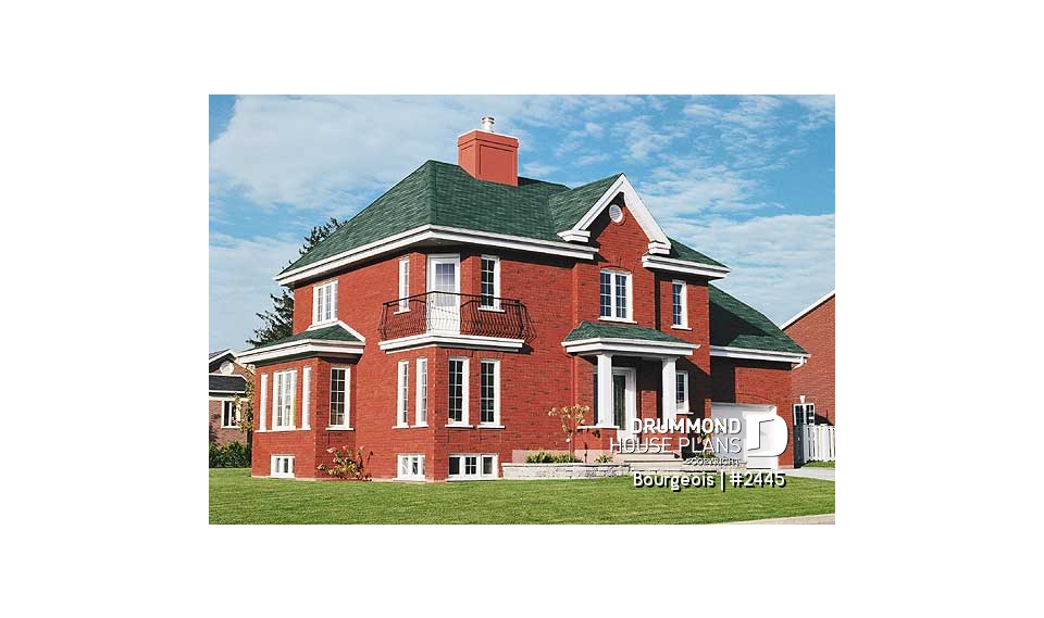 front - BASE MODEL - 3 bedrooms european house plan with garage, and second floor balcony - Bourgeois