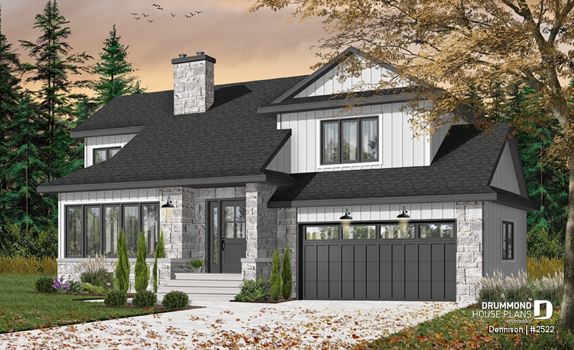 Color version 1 - Front - Modern Craftsman house plan, open space in the main living area, 3 bedrooms, master suite, fireplace - Dennison