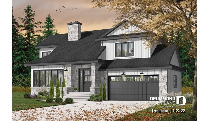 Color version 1 - Front - Modern Craftsman house plan, open space in the main living area, 3 bedrooms, master suite, fireplace - Dennison