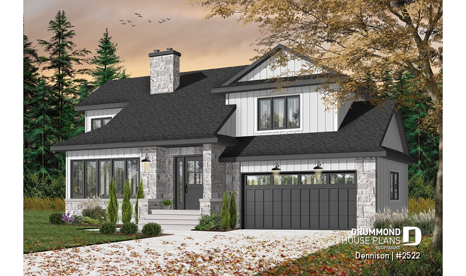 Color version 1 - Front - Modern Craftsman house plan, open space in the main living area, 3 bedrooms, master suite, fireplace - Dennison