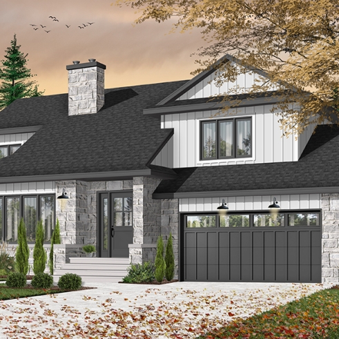 Color version 1 - Front - Modern Craftsman house plan, open space in the main living area, 3 bedrooms, master suite, fireplace - Dennison