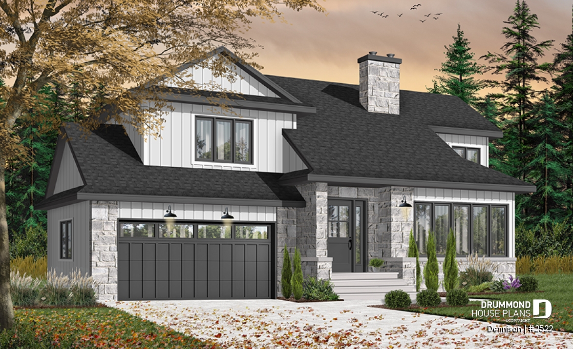 Color version 1 - Front - Modern Craftsman house plan, open space in the main living area, 3 bedrooms, master suite, fireplace - Dennison